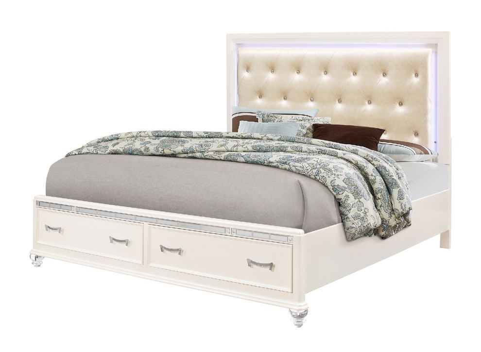 Pearl white full bed w/ tufted headboard & drawers by Global