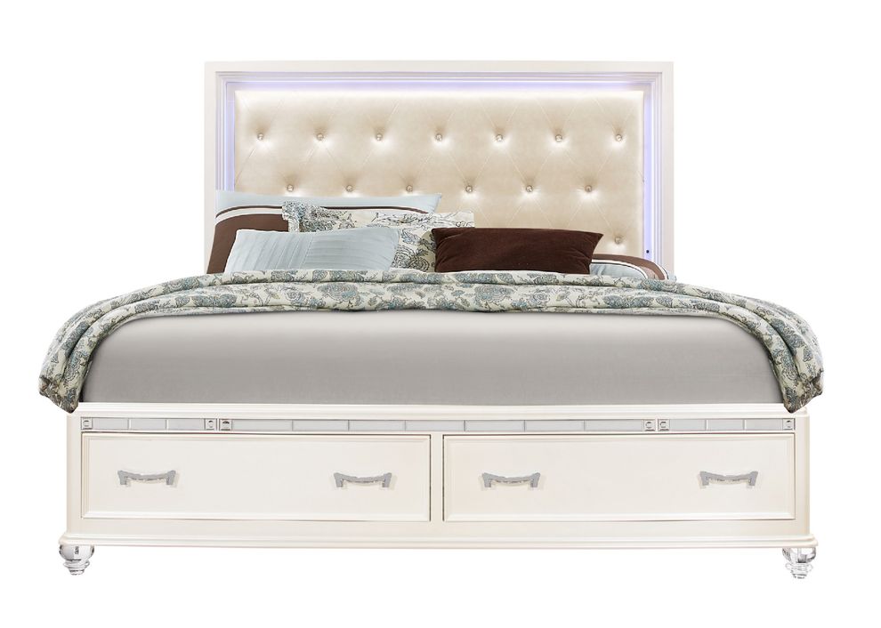Pearl white king bed w/ tufted headboard & drawers by Global