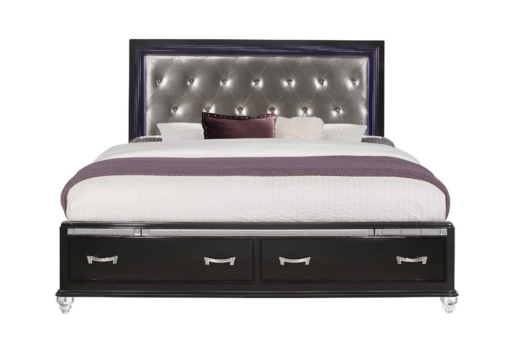 Black / silver full bed w/ tufted headboard & drawers by Global