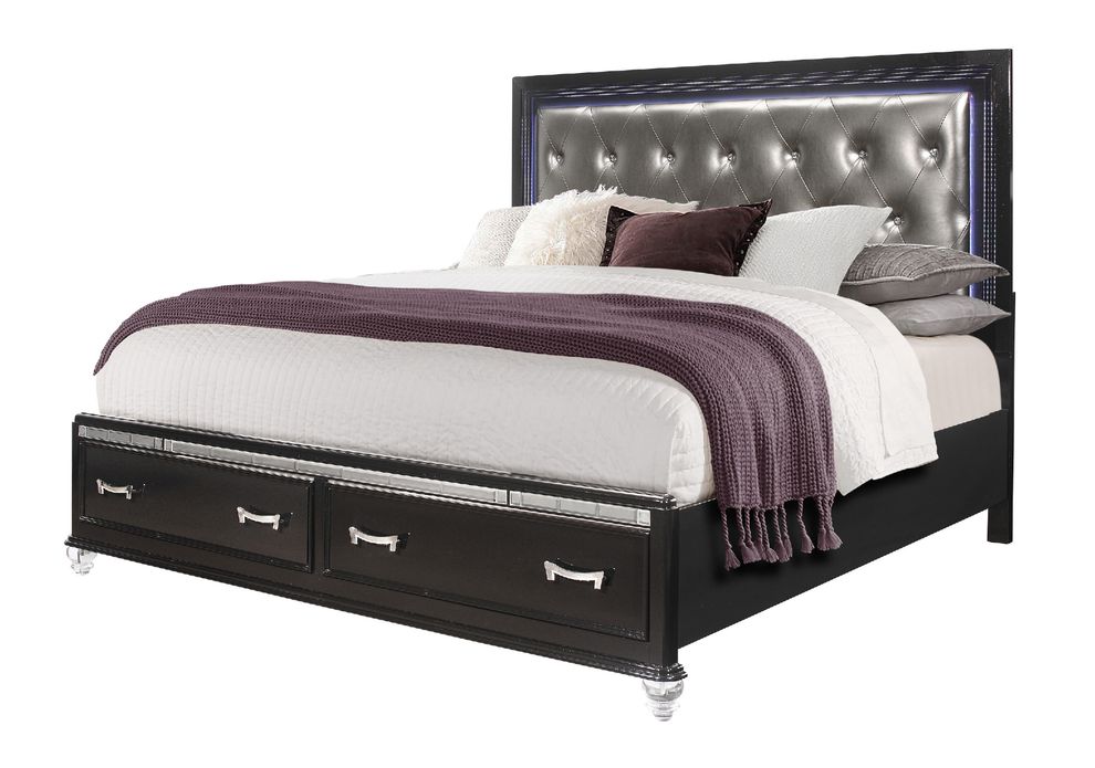 Black / silver king bed w/ tufted headboard & drawers by Global