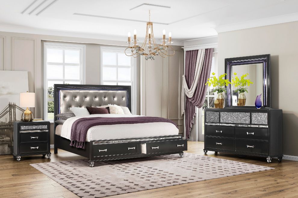 Black / silver bed w/ tufted headboard & drawers by Global