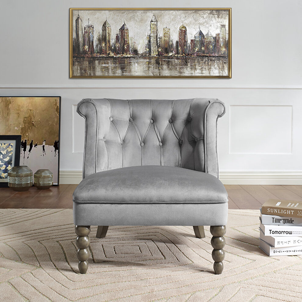 Gray velvet upholstery button tufting accent chair by Homelegance
