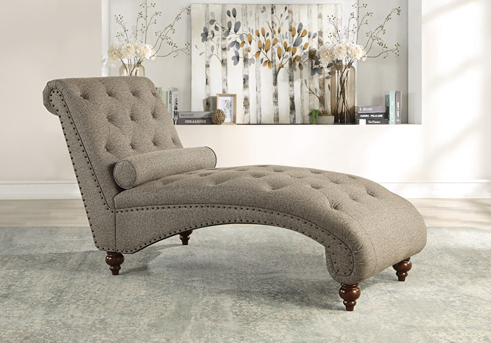 Brown textured fabric upholstery chaise with nailhead and pillow by Homelegance