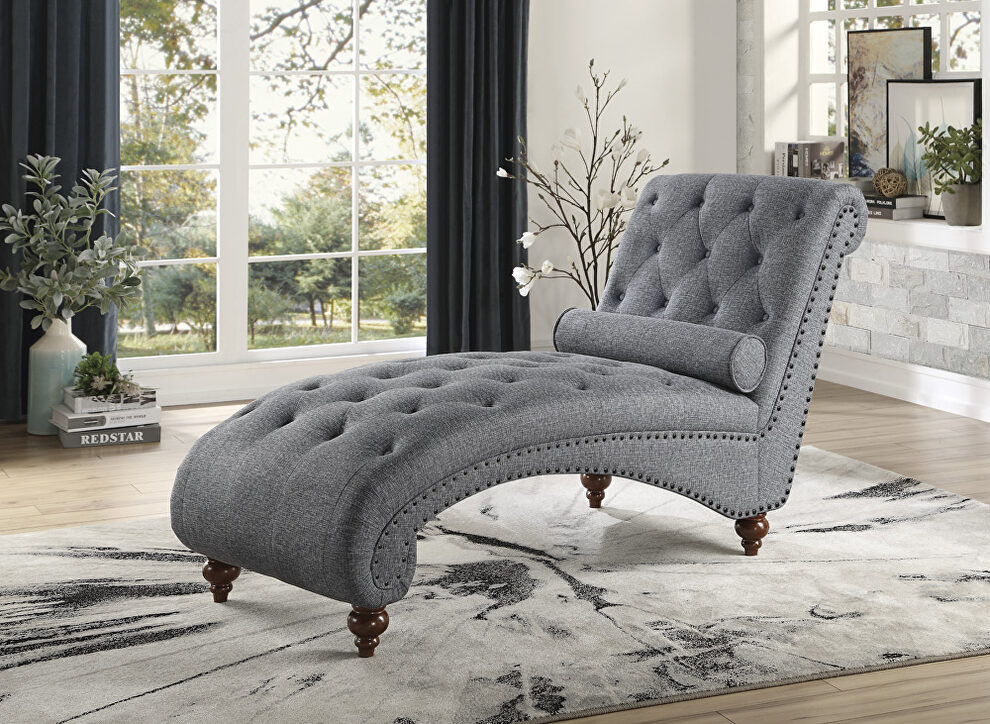 Dark gray textured fabric upholstery chaise with nailhead and pillow by Homelegance