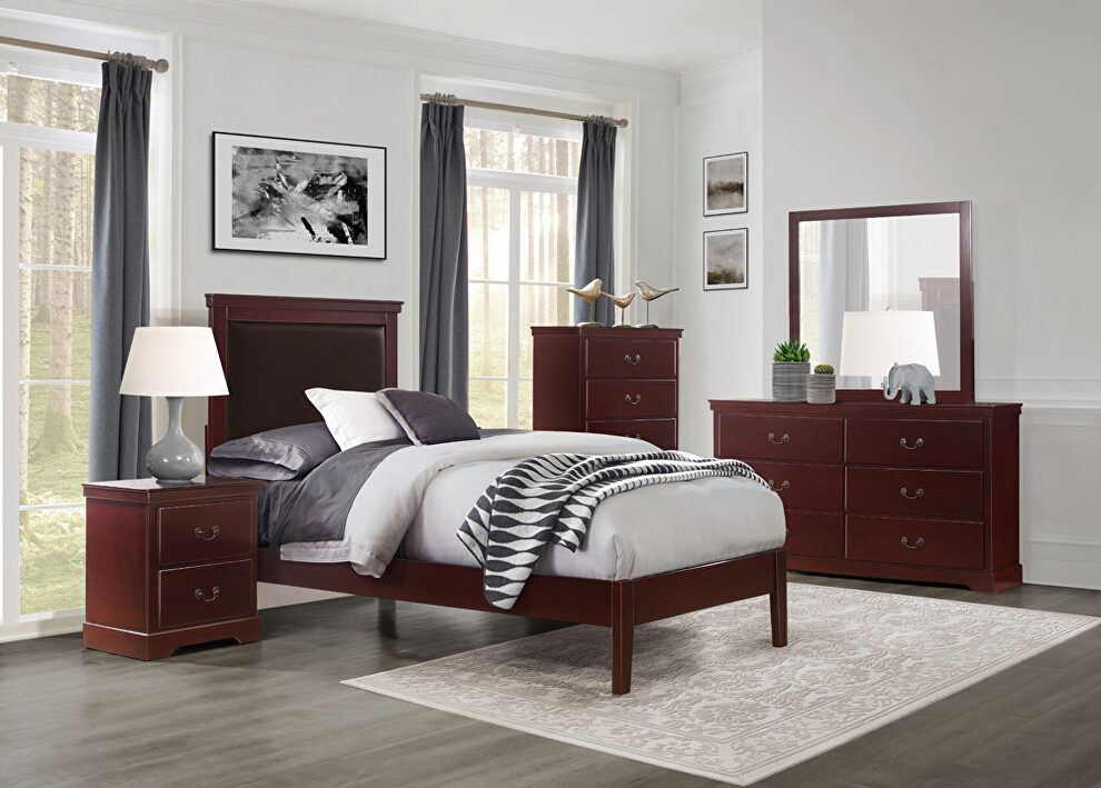 Cherry finish faux leather upholstered headboard full bed by Homelegance