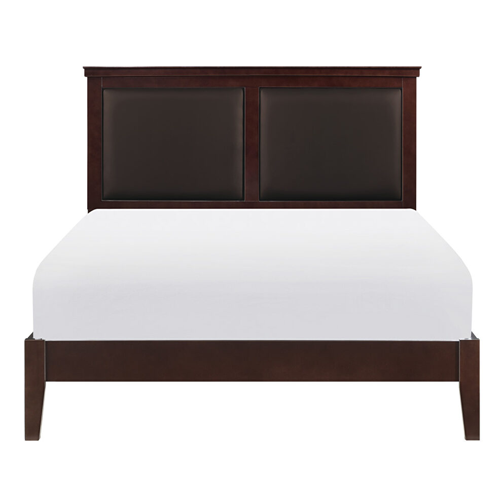Cherry finish faux leather upholstered headboard eastern king bed by Homelegance