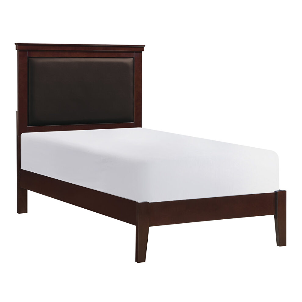 Cherry finish faux leather upholstered headboard twin bed by Homelegance