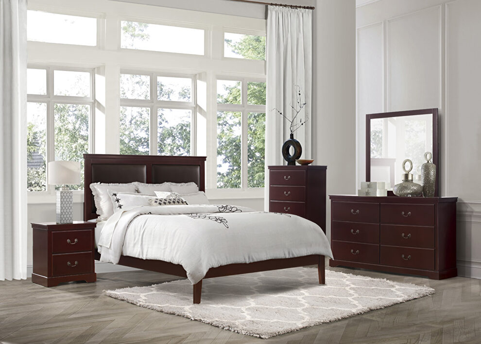 Cherry finish faux leather upholstered headboard queen bed by Homelegance