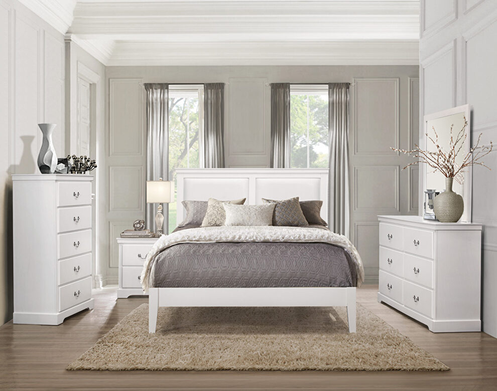 White finish faux leather upholstered headboard queen bed by Homelegance