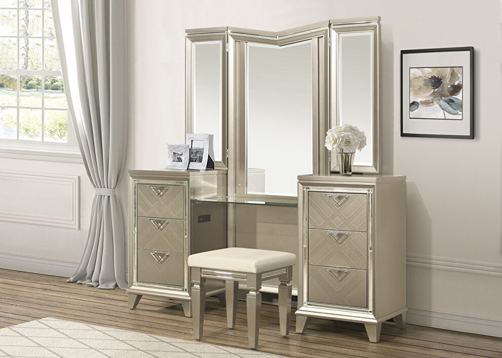Champagne metallic finish vanity dresser with mirror and led lighting by Homelegance