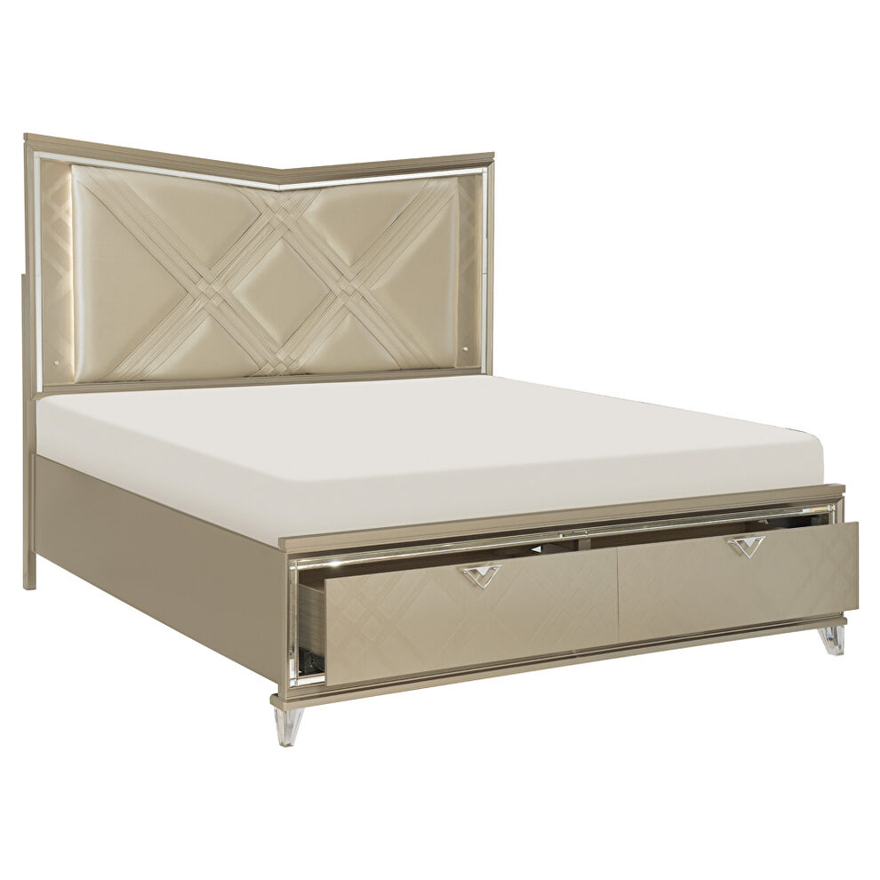 Champagne metallic finish eastern king platform bed with led lighting and footboard storage by Homelegance