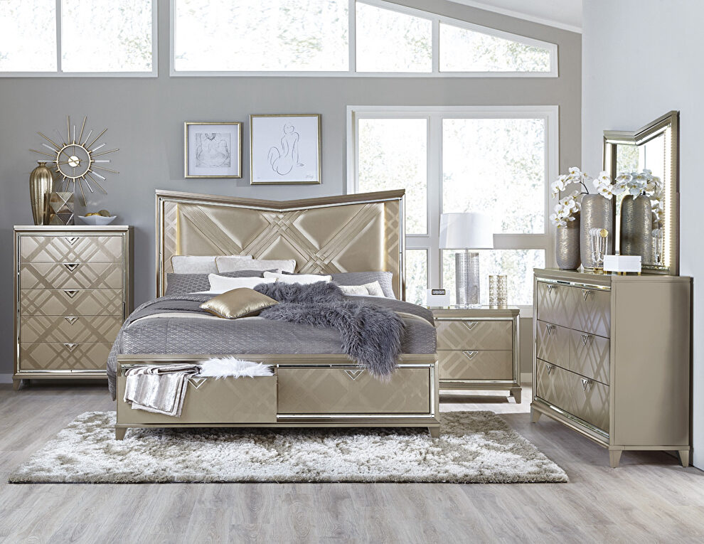 Champagne metallic finish queen platform bed with led lighting and footboard storage by Homelegance