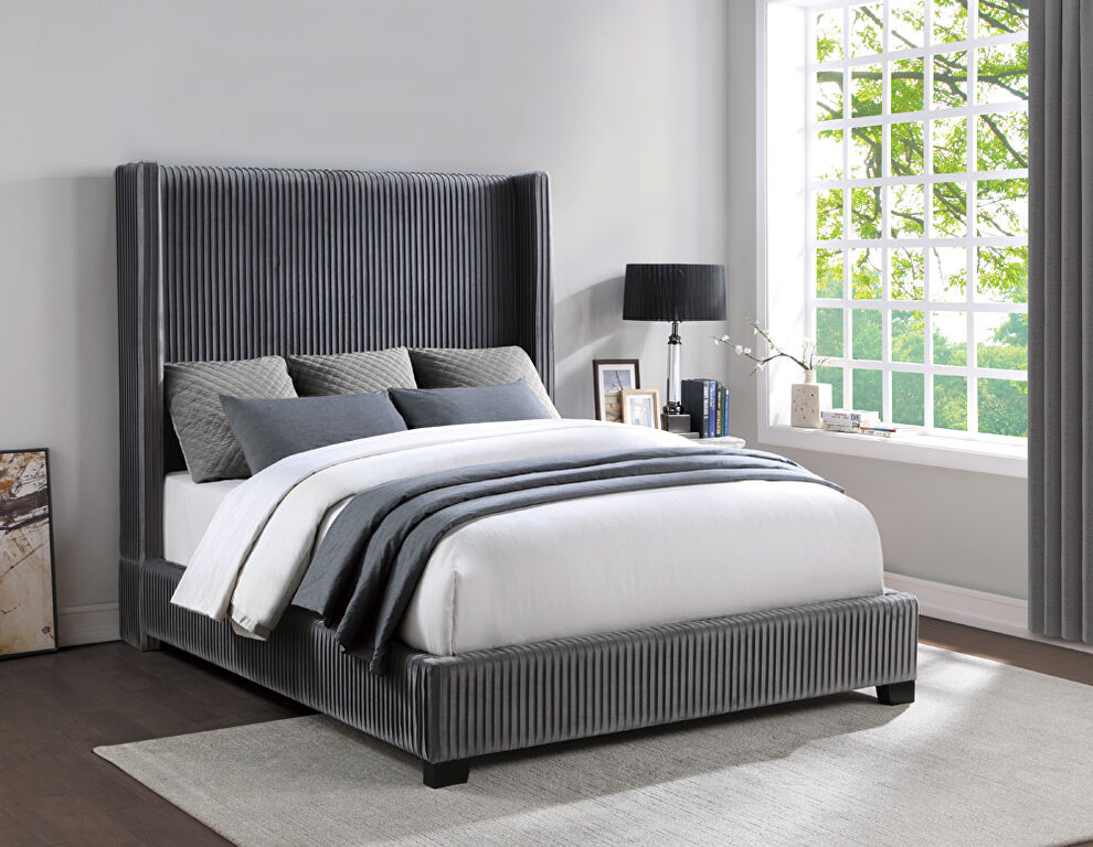 Dark gray velvet fabric upholstery queen bed by Homelegance