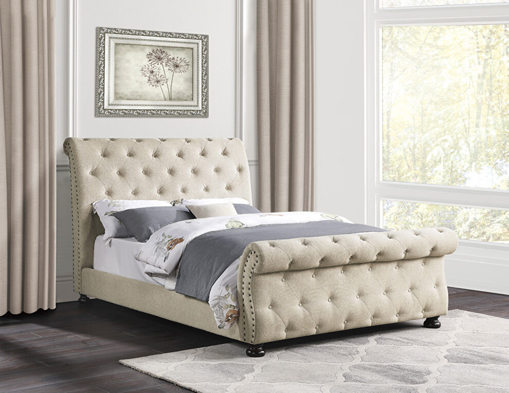 Beige chenille fabric upholstery queen bed by Homelegance