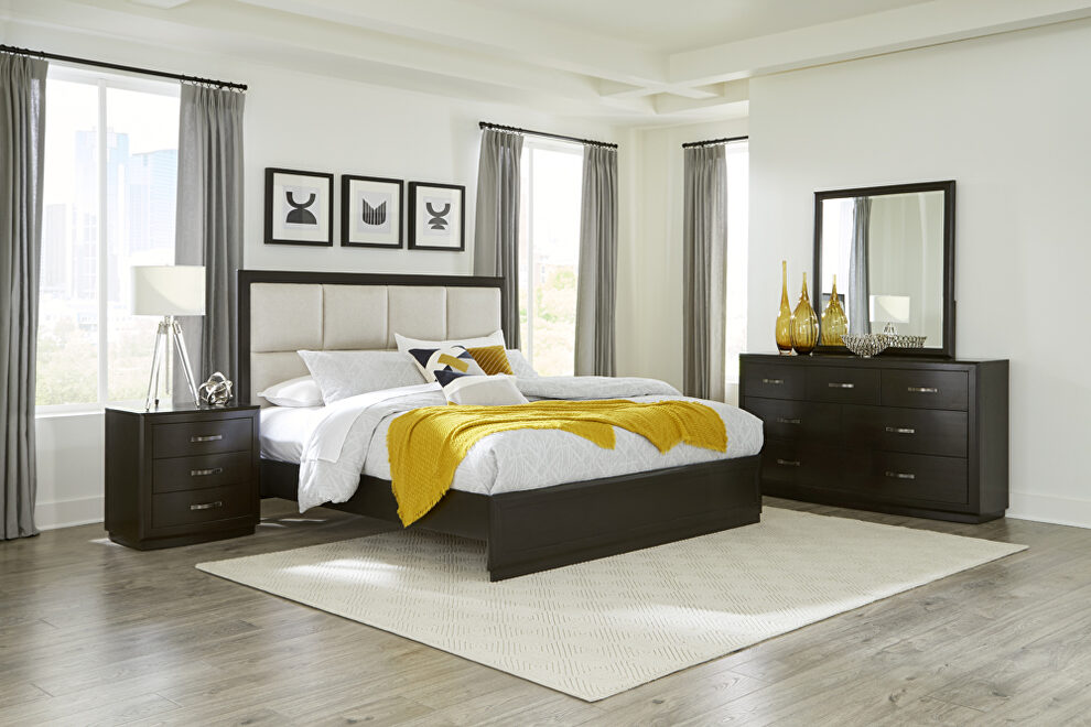 Dark charcoal finish and beige fabric upholstered headboard queen platform bed by Homelegance