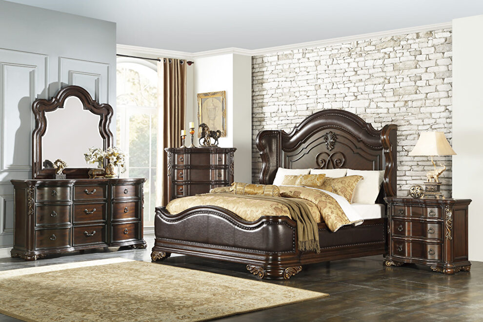 Brown faux leather and rich cherry finish queen bed by Homelegance