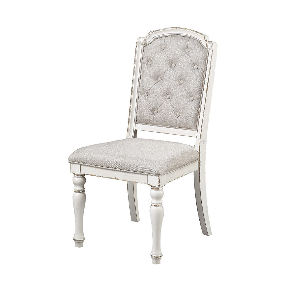 Antique white finish and gray fabric upholstery side chair by Homelegance