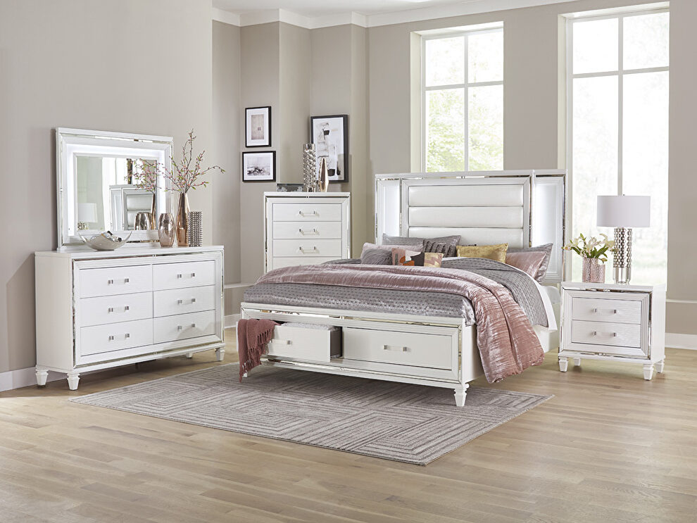 White metallic finish queen platform bed with led lighting and footboard storage by Homelegance