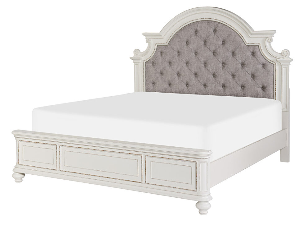 Antique white finish and gray button-tufted fabric headboard eastern king bed by Homelegance