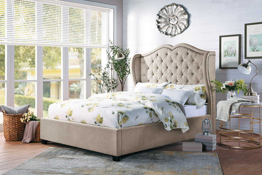 Beige fabric upholstery button-tufted wingback headboard queen bed by Homelegance