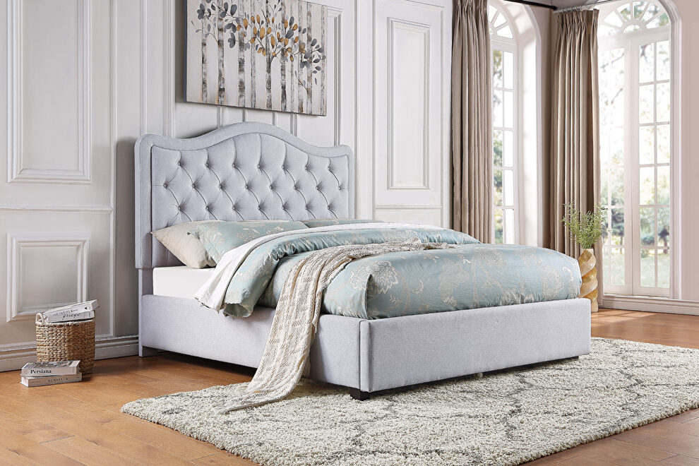Gray fabric upholstery button-tufted headboard queen platform bed by Homelegance