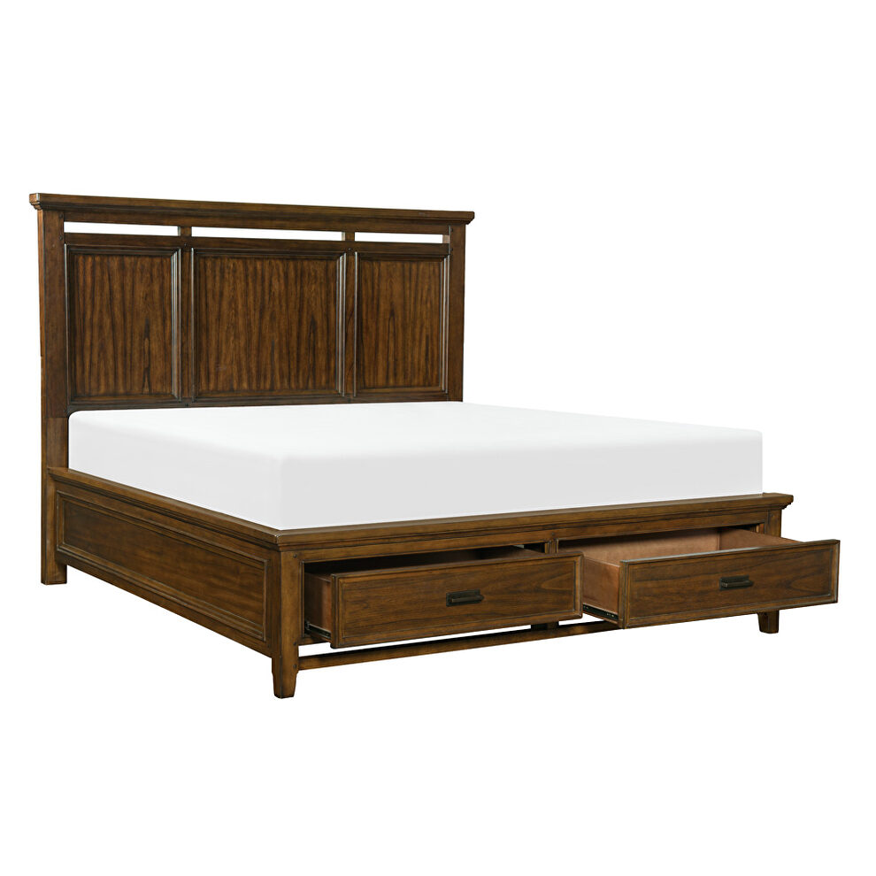 Brown cherry finish classic styling eastern king platform bed with footboard storage by Homelegance