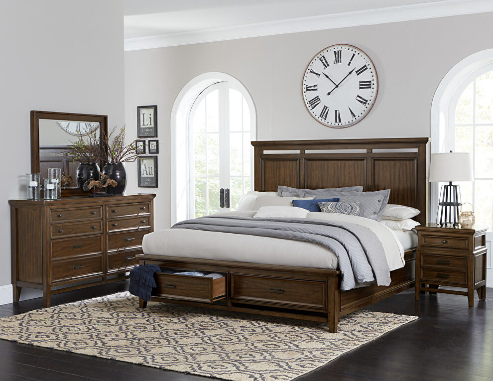 Brown cherry finish classic styling queen platform bed with footboard storage by Homelegance