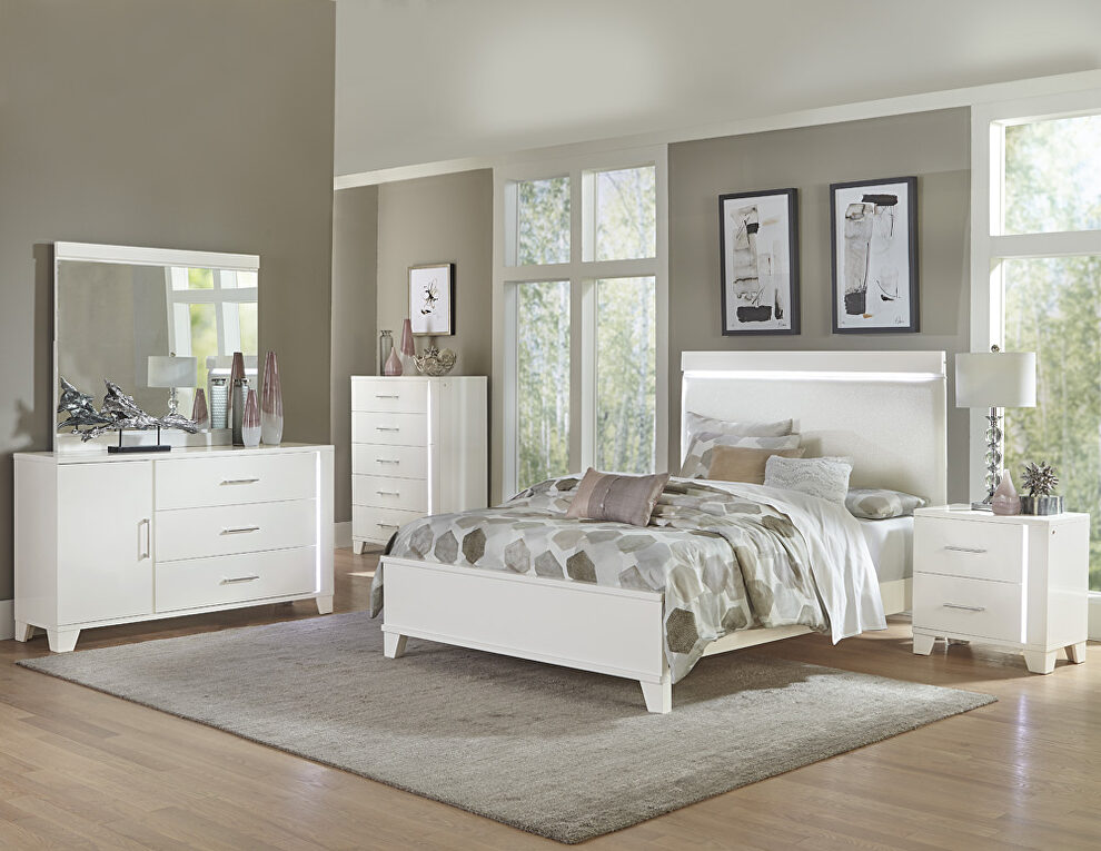White high gloss finish faux leather upholstered headboard queen bed w/ led lighting by Homelegance