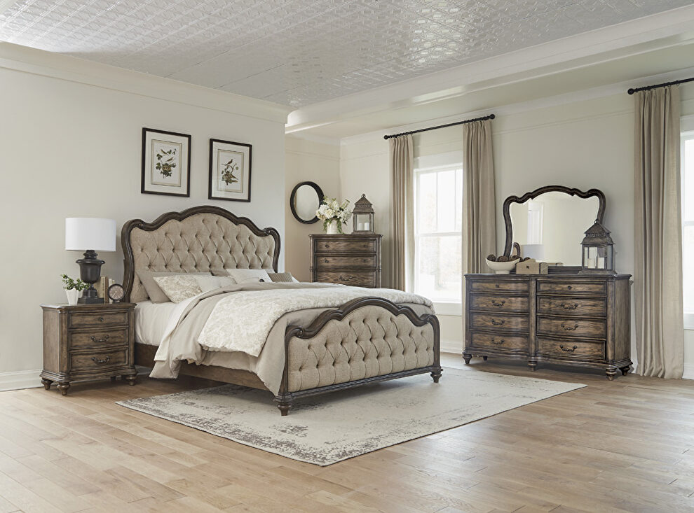 Brown button-tufted fabric upholstered headboard and footboard queen bed by Homelegance
