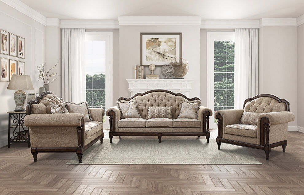 Neutral hued brown fabric sofa with 3 pillows by Homelegance