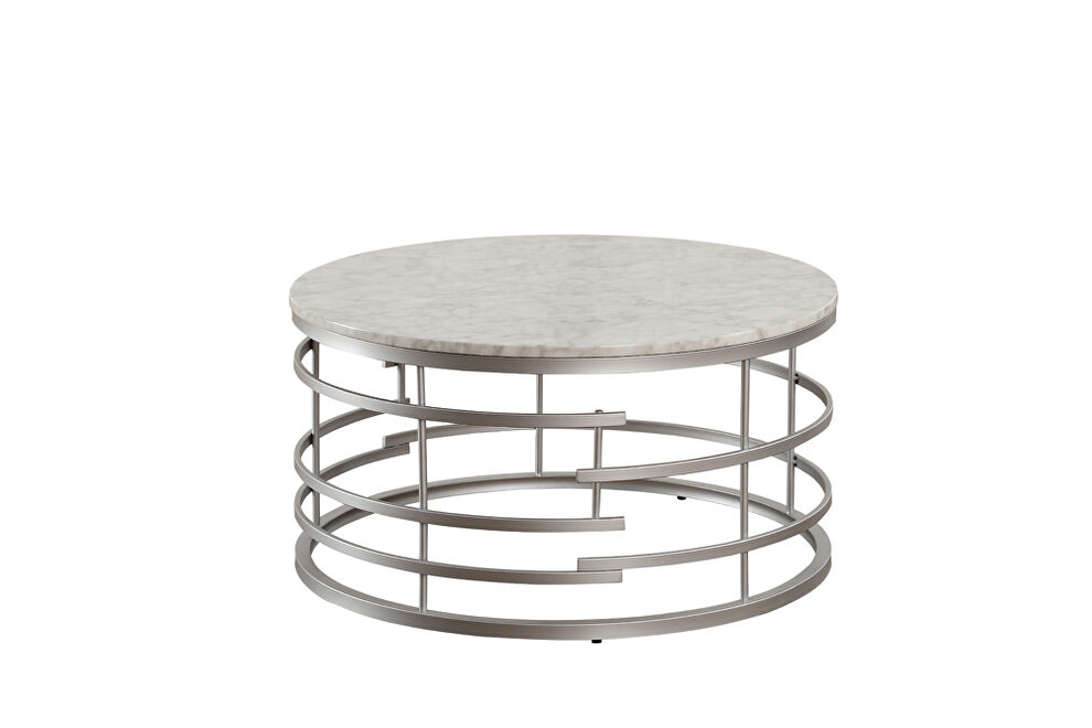 Faux marble top and silver finished round metal base sofa table by Homelegance