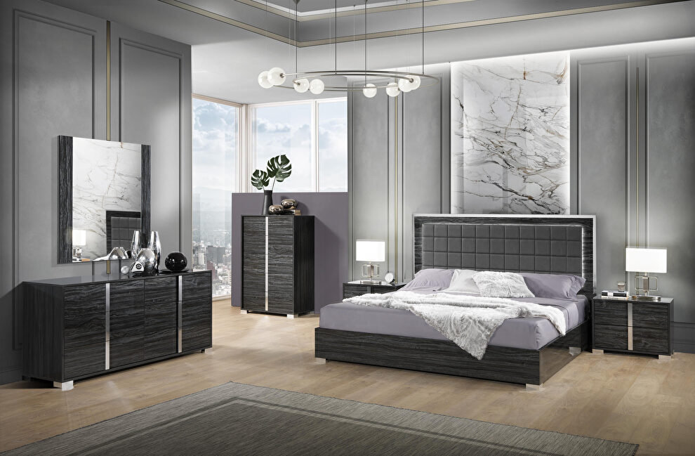 Glossy gray finish contemporary king bed by J&M