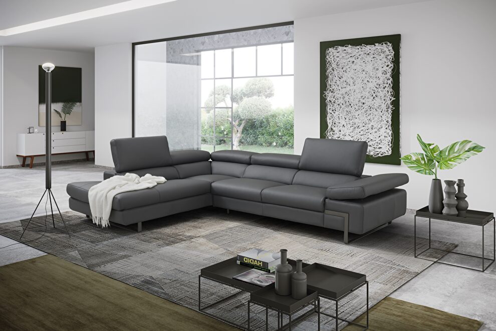 Italian-made gray full leather contemporary sectional by J&M