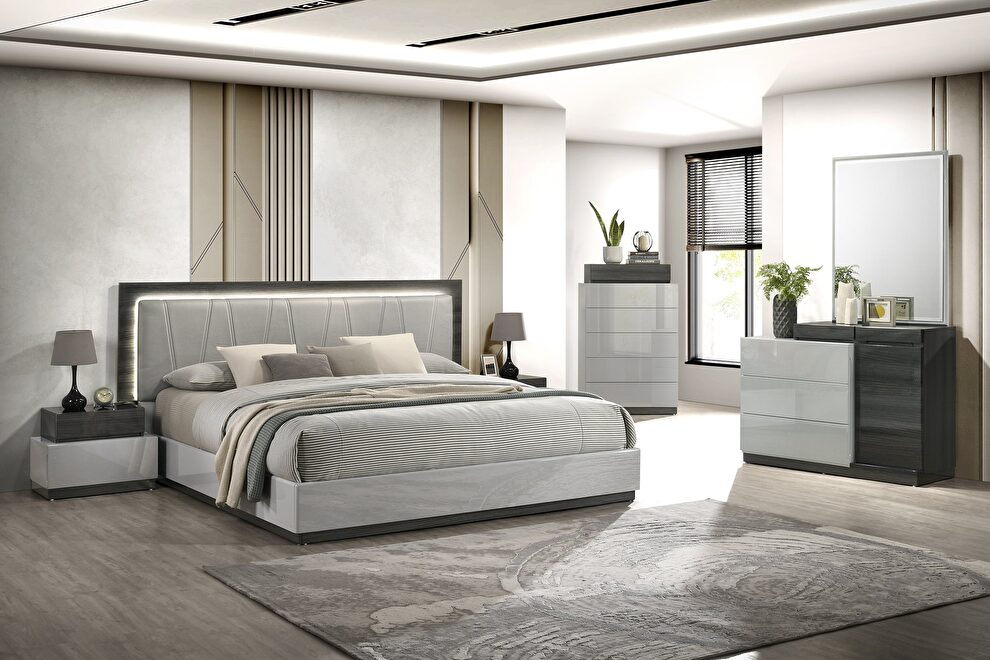 Two-toned contemporary high gloss finish bed w/ light by J&M