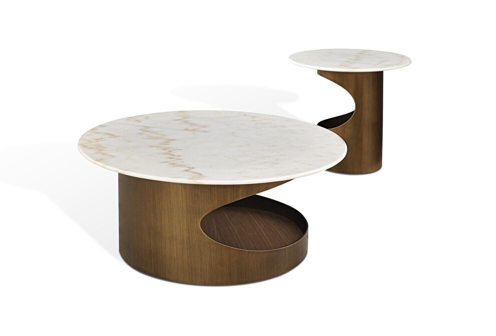 Round marble top / brass base coffee table by J&M