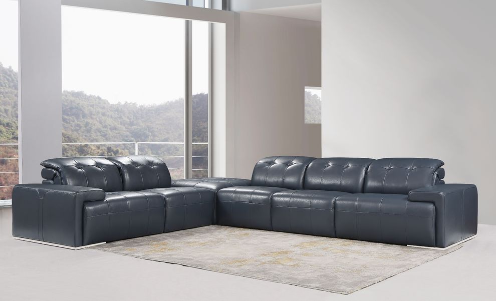 Dark navy blue leather large sectional w/ adjustable headrests by J&M