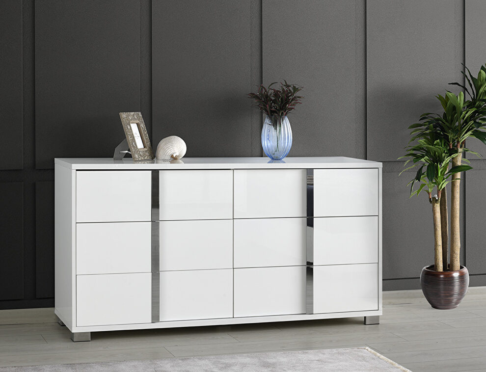 Contemporary sleek stylish white / chrome dresser by J&M