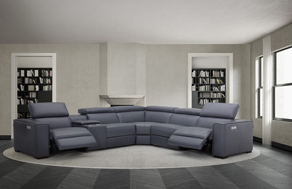 Full Italian leather recliner sectional in blue/gray by J&M