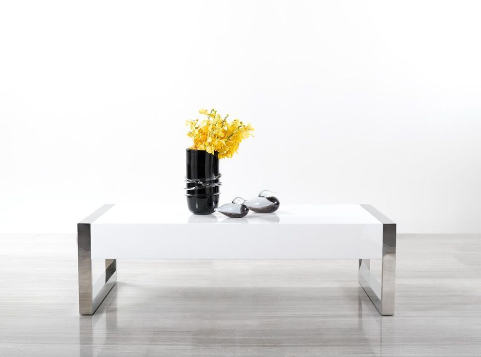 White high gloss coffee table w/ chrome side legs by J&M