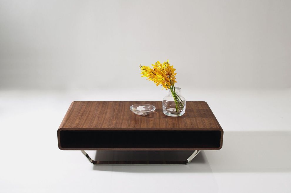 Walnut curved wood coffee table w/ chromed legs by J&M