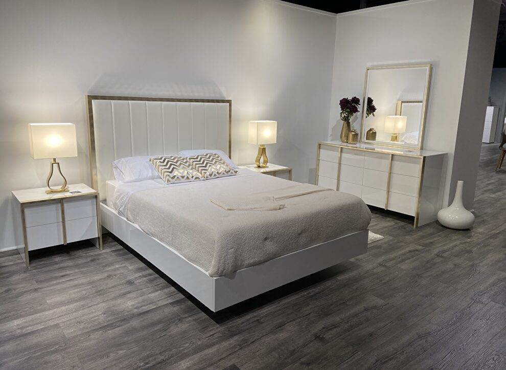 Contemporary sleek white king bed w/ gold trim by J&M