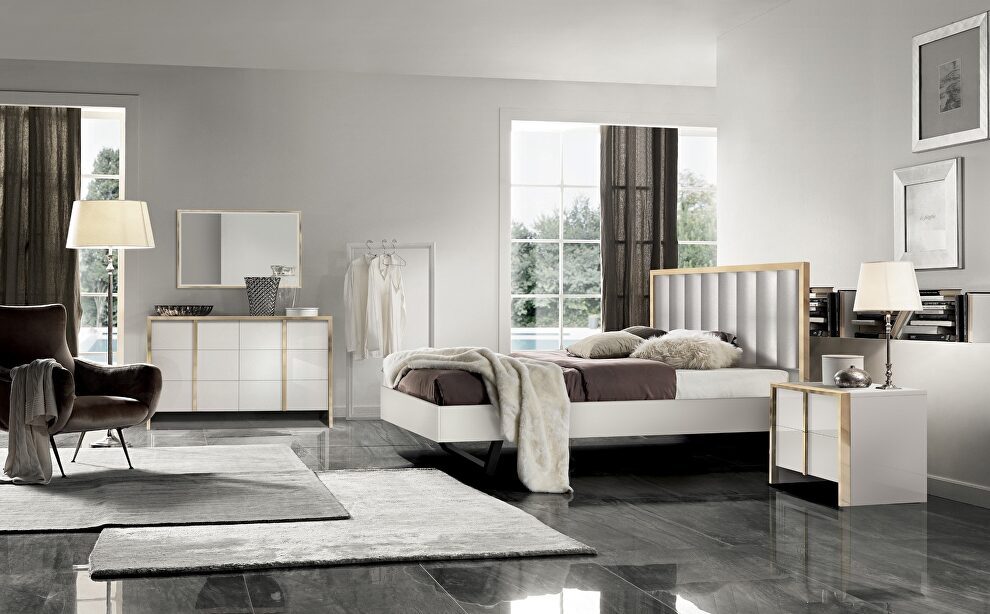 Contemporary sleek white bed w/ gold trim by J&M