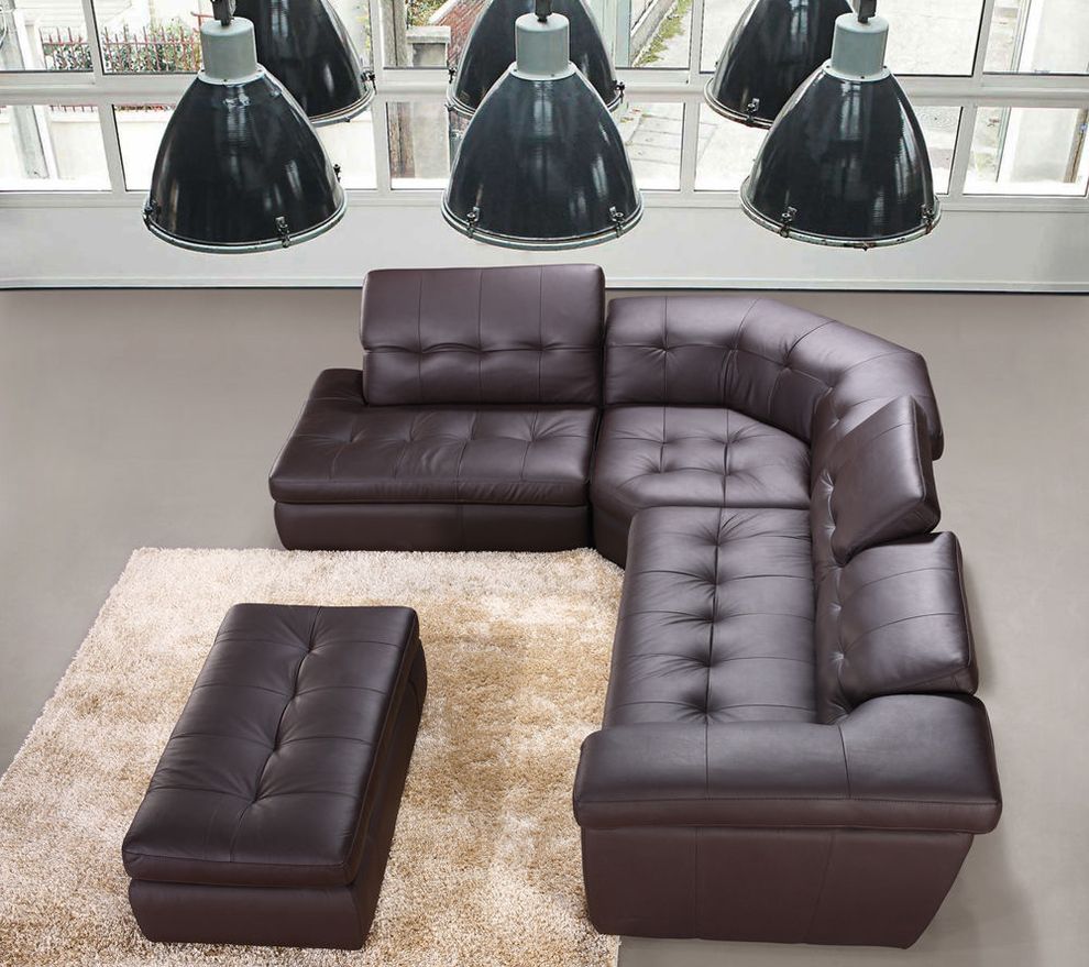 Italian chocolate leather tufted sectional sofa by J&M