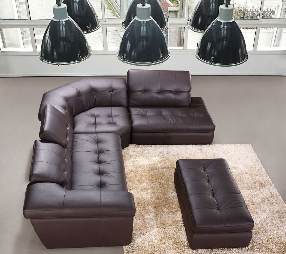 Italian chocolate leather tufted sectional sofa by J&M