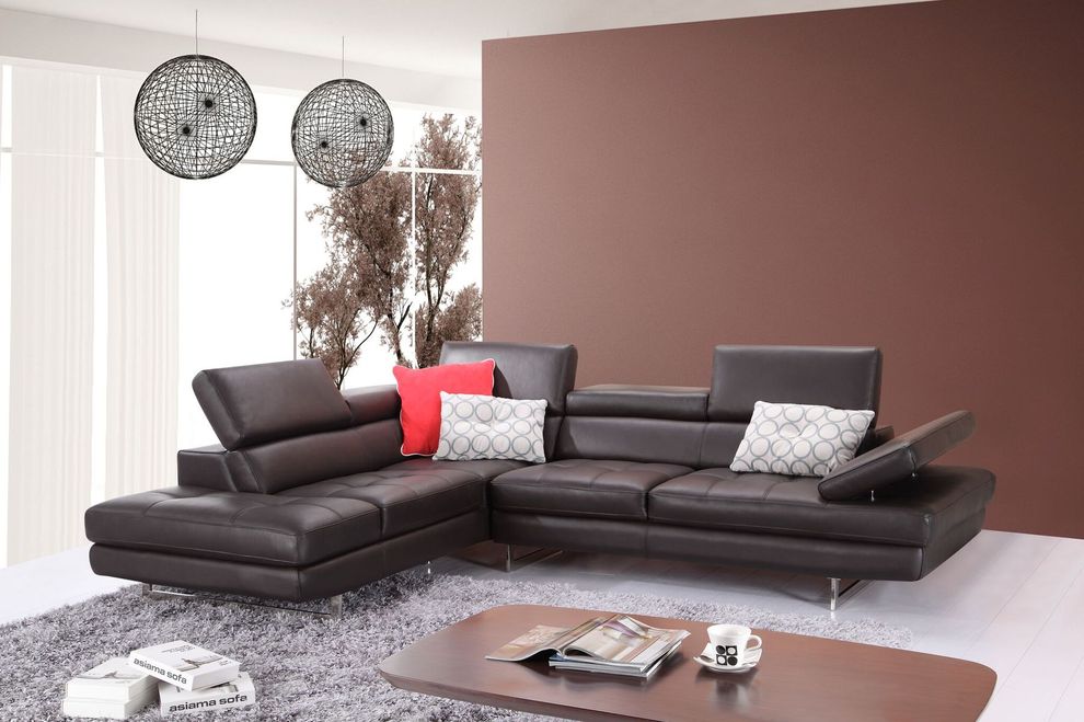 Compact coffee leather sectional with adjustable armrests by J&M
