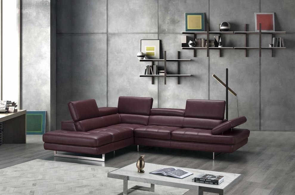 Adjustable armrests compact maroon leather sectional by J&M