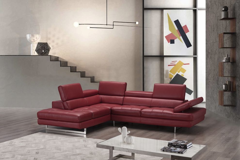Adjustable armrests compact red leather sectional by J&M