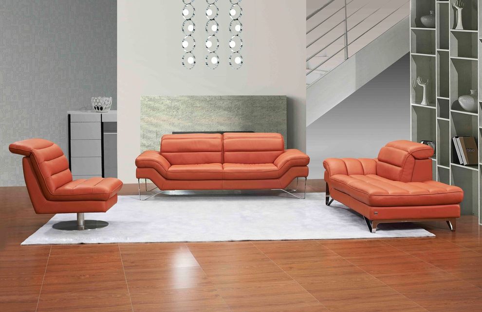 Low-profile contemporary orange leather sofa by J&M