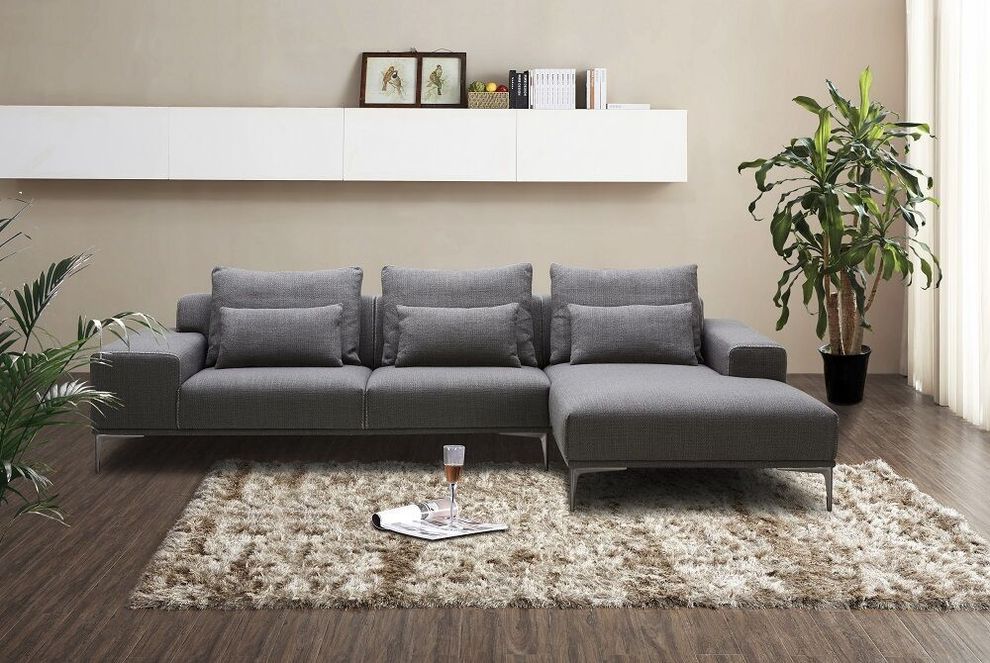 Modern gray fabric low-profile sectional w/ loose pillows by J&M