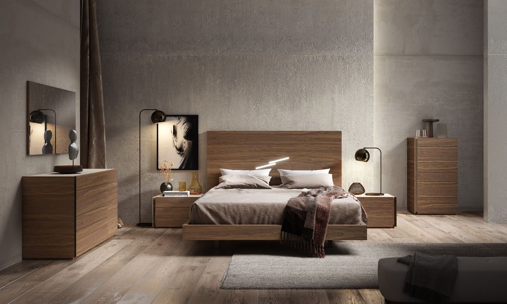 Modern walnut finish king bed in minimalistic style by J&M